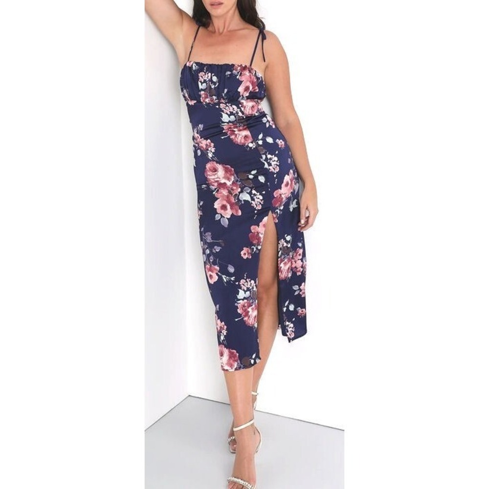 Lulus Fleur-ty Behavior Navy Blue‎ Floral Satin Tie-Strap Midi Dress - Small